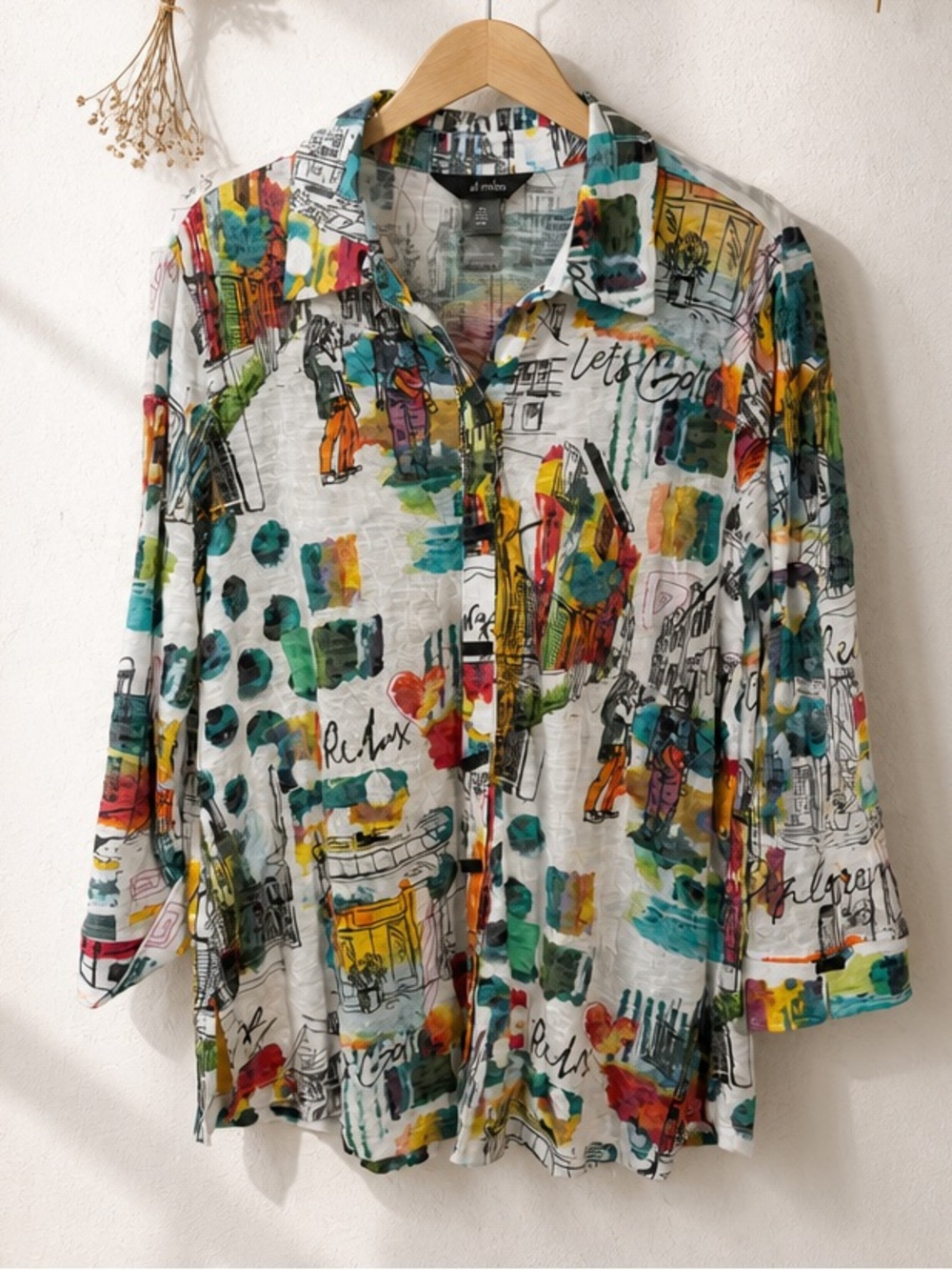 Ali Miles Women’s M Abstract Paris Travel Print Button Up Shirt Art To Wear